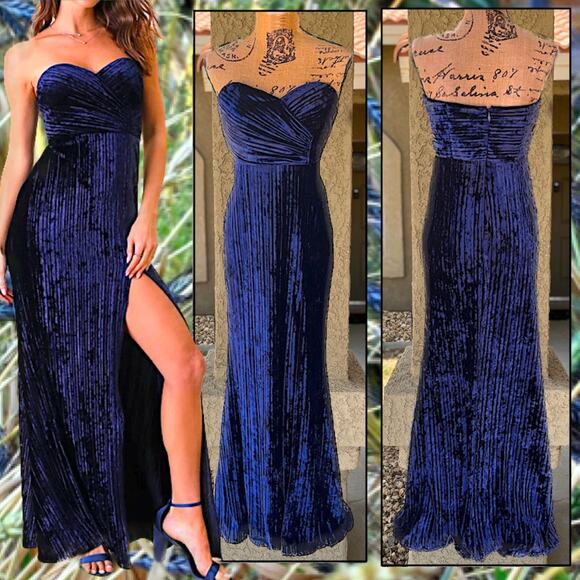 Lulus Navy Blue Velvet Pleated Strapless Classy Sensation Maxi Dress Size L - Picture 1 of 11